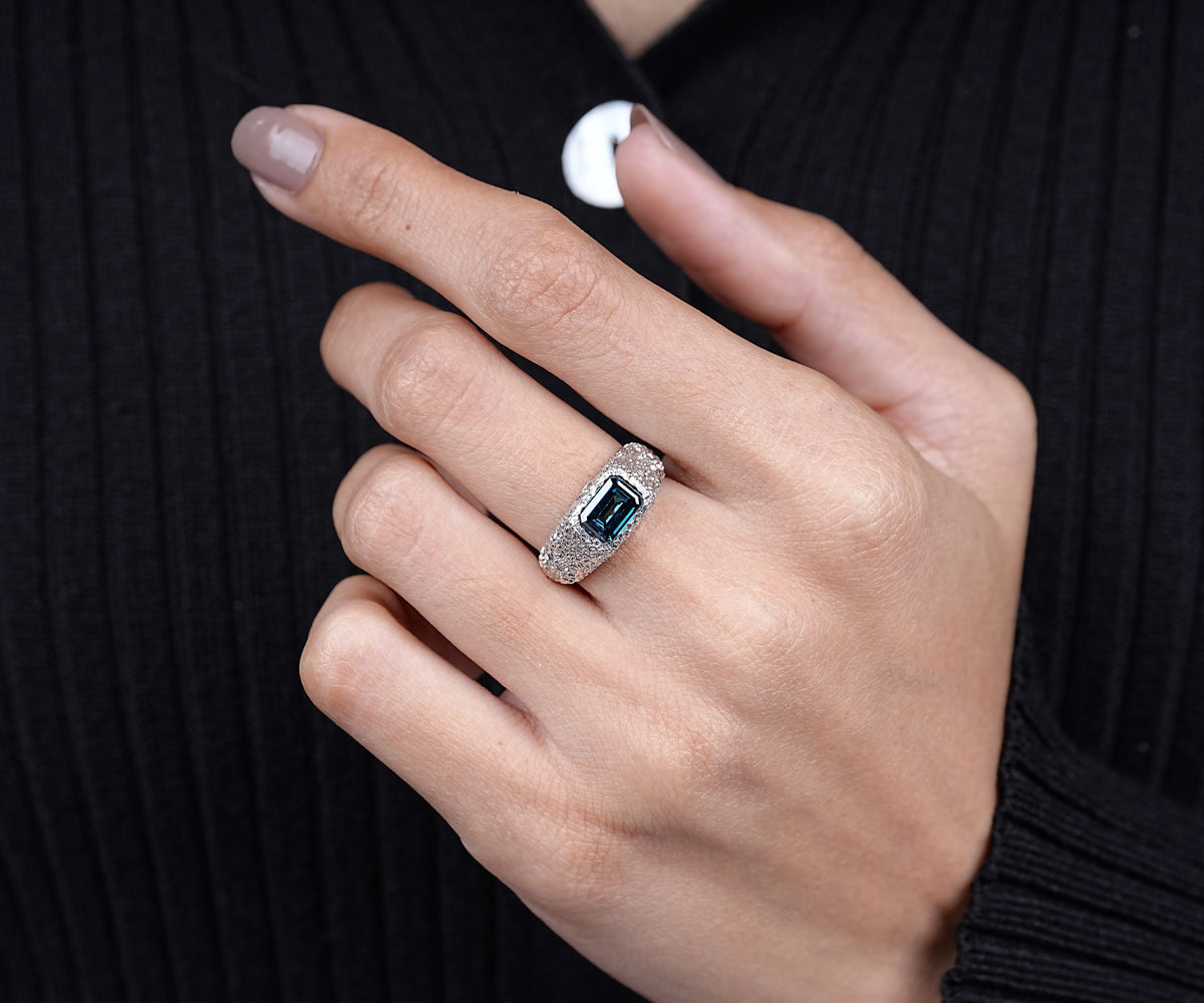 Chunky Dome Bezel Fancy Blue Emerald Shape Lab Diamond Anniversary Ring