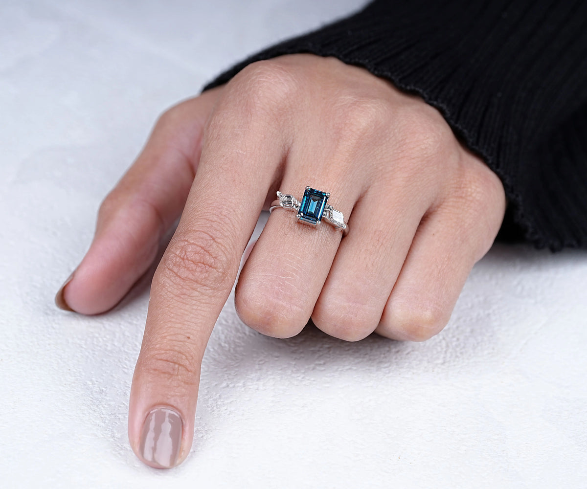 Three Stone Fancy Blue Emerald Shape Lab Diamond Engagement Ring