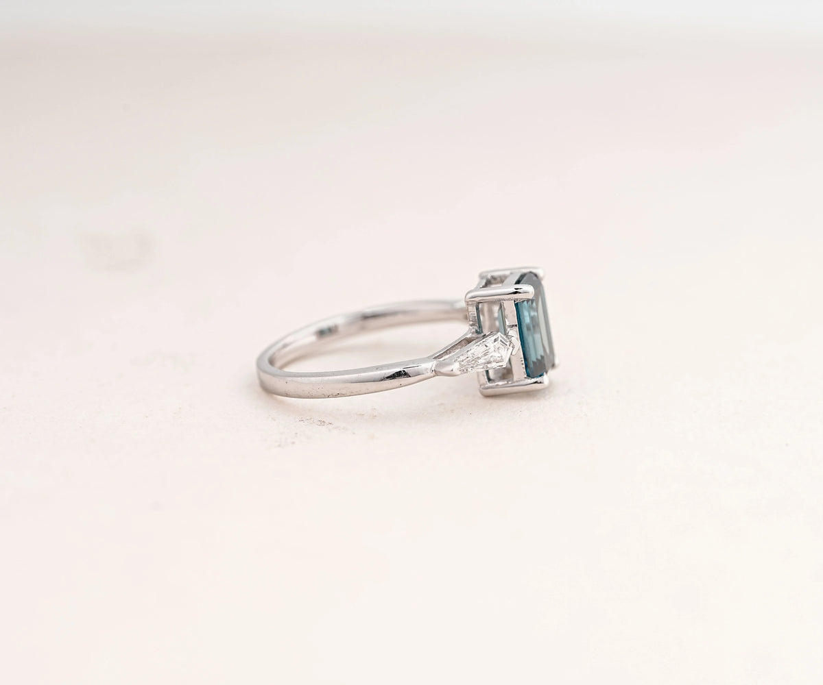 Three Stone Fancy Blue Emerald Shape Lab Diamond Engagement Ring