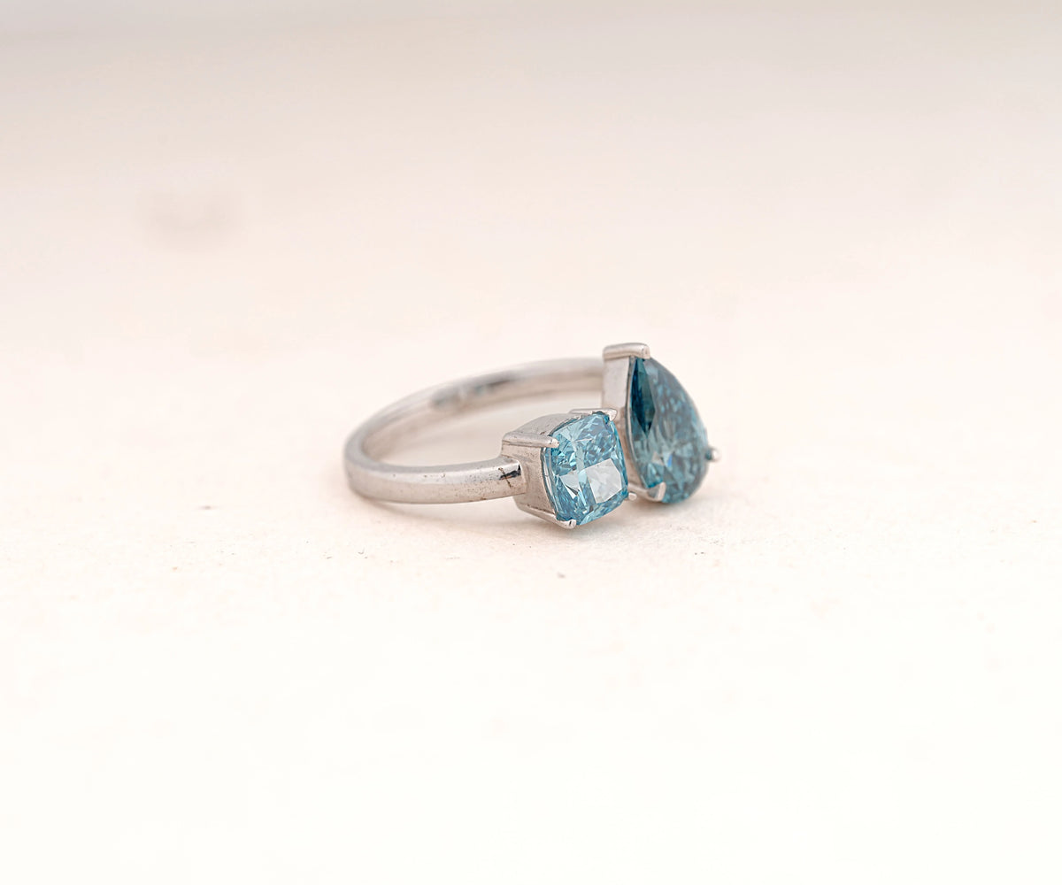 Toi Et Moi Fancy Blue Pear and Cushion Shape Lab Diamond Engagement Ring