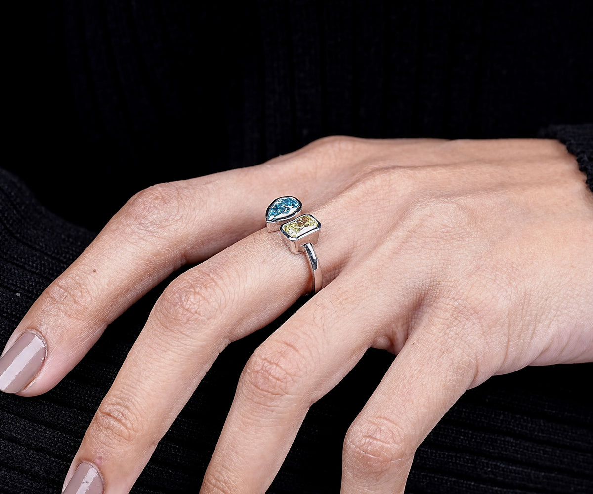 Toi Et Moi Fancy Blue Pear and Yellow Radiant Shape Lab Diamond Engagement Ring