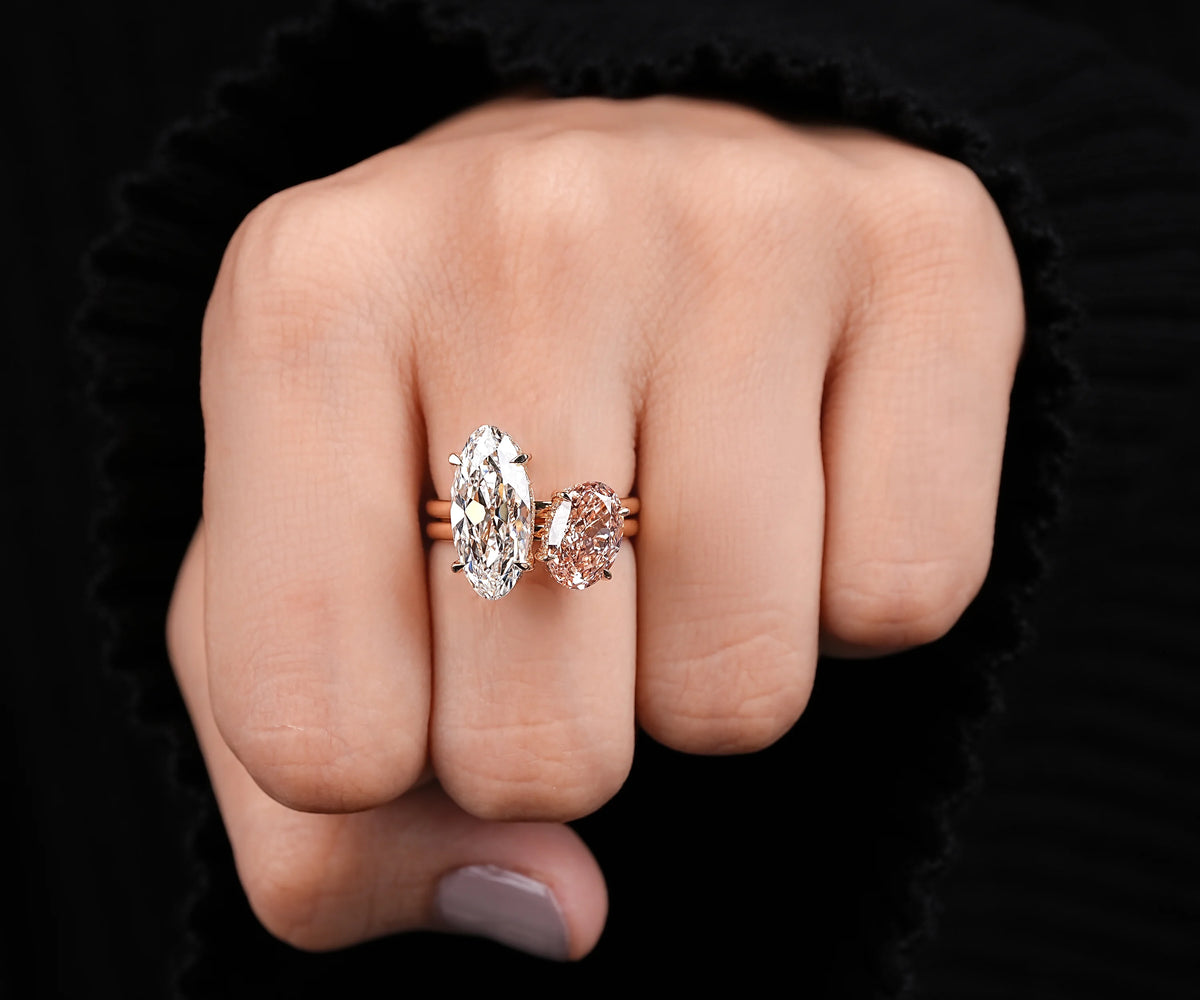 Toi Et Moi Hidden Halo Fancy Pink Oval and White Moval Lab Diamond Engagement Ring