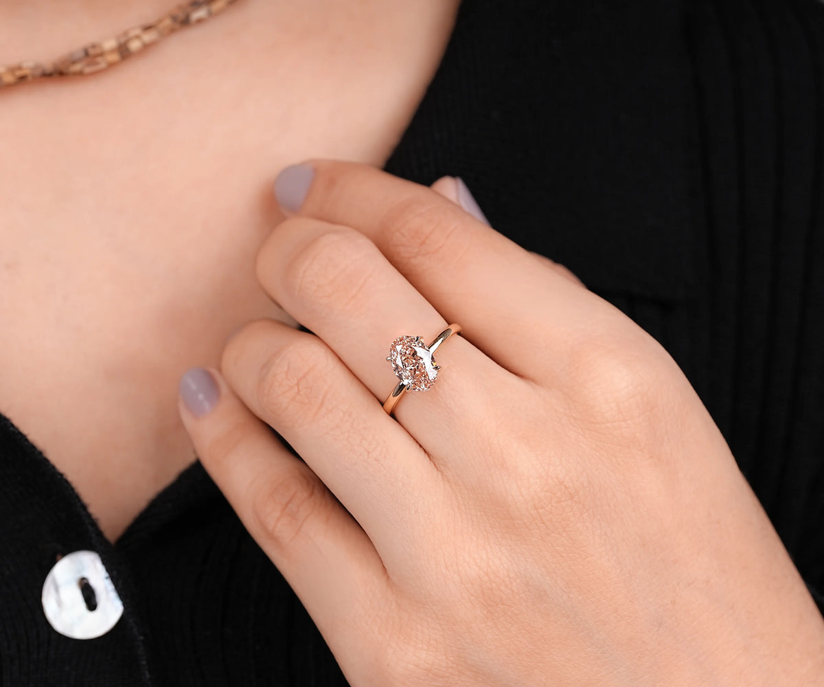 Solitaire Hidden Halo Tilted Fancy Pink Oval Shape Lab Diamond Engagement Ring