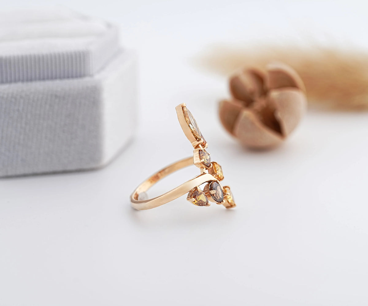 Floral Cluster Marquise Pear and Cushion Fancy Color Natural Diamond Anniversary Ring