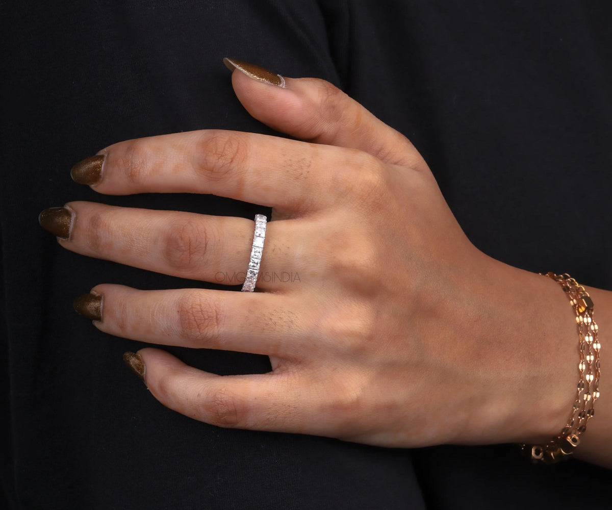 Half Eternity Princess Shape Gemstone Wedding Band