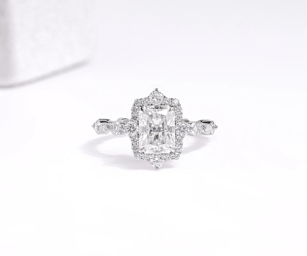 Halo Radiant Shape Side Alternate Set Accent Lab Diamond Engagement Ring