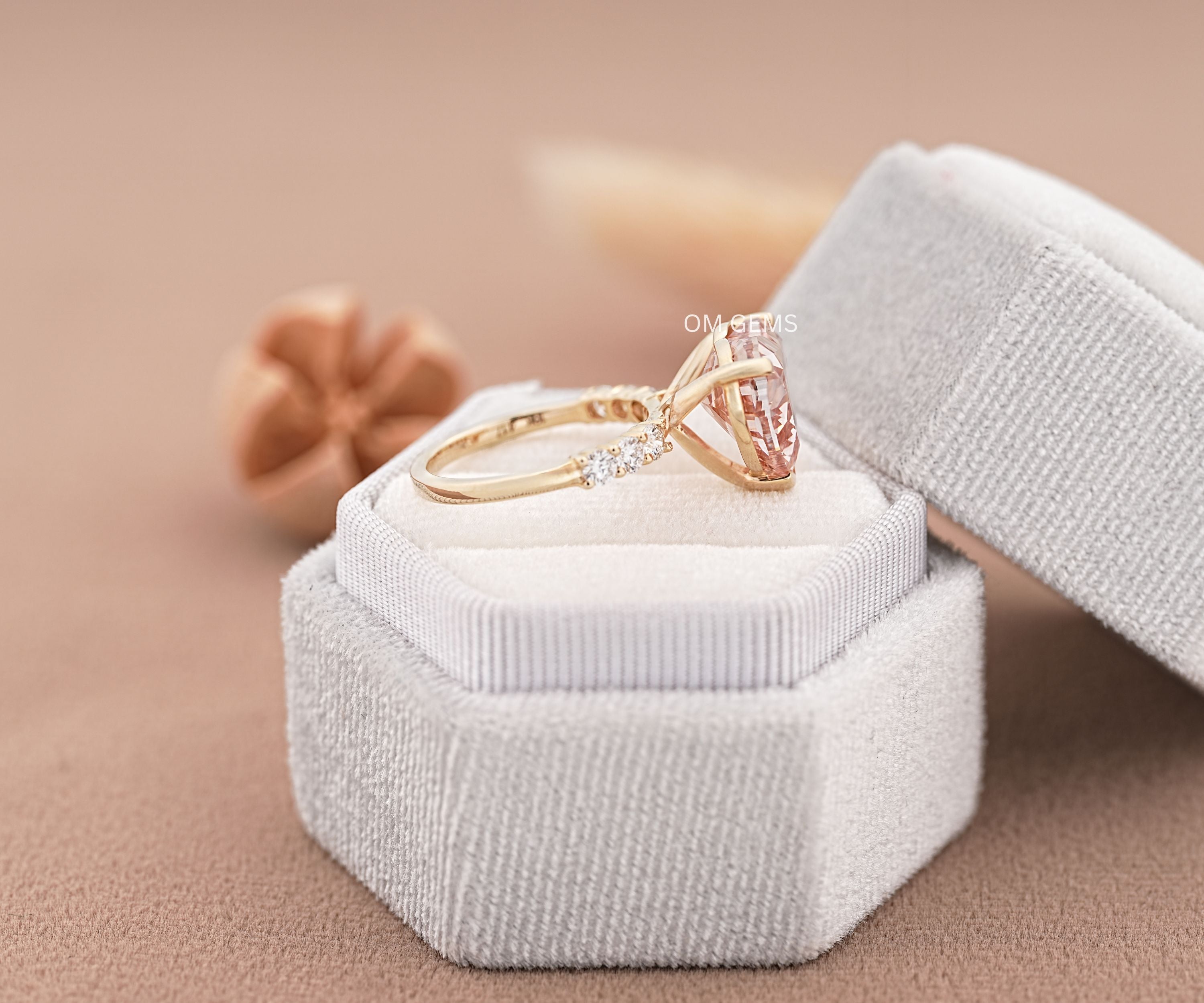 18k Yellow Gold Lab Grown Pink Heart Diamond Accent Engagement Ring