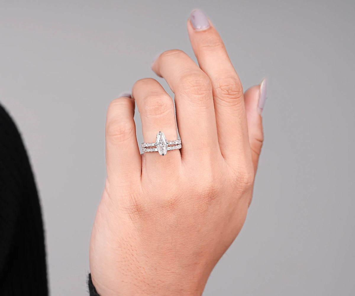 Bridal Set Hidden Halo Antique Lozenge Shape Lab Diamond Engagement Ring