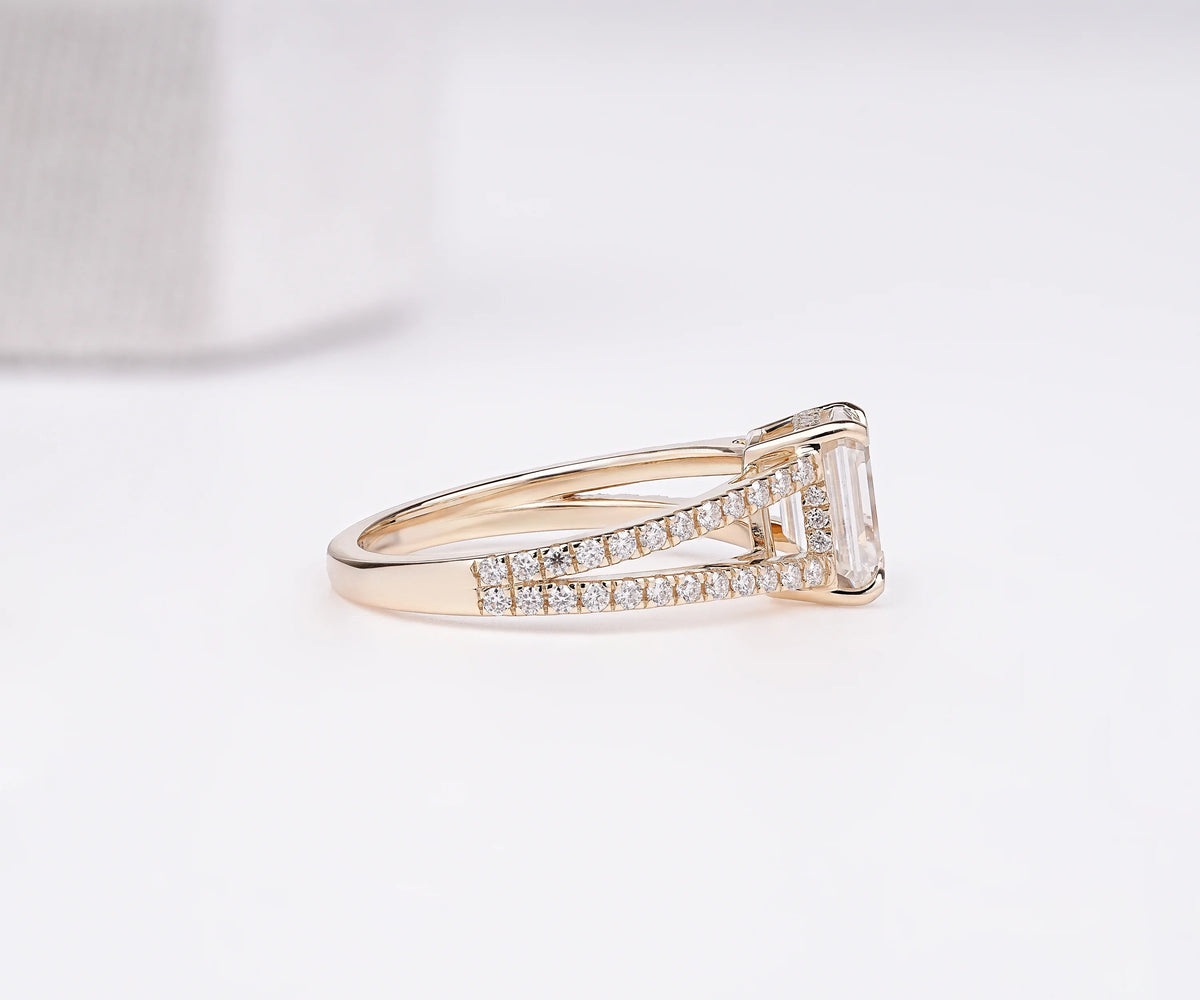 Hidden Halo Split Shank Emerald Shape Lab Diamond Engagement Ring