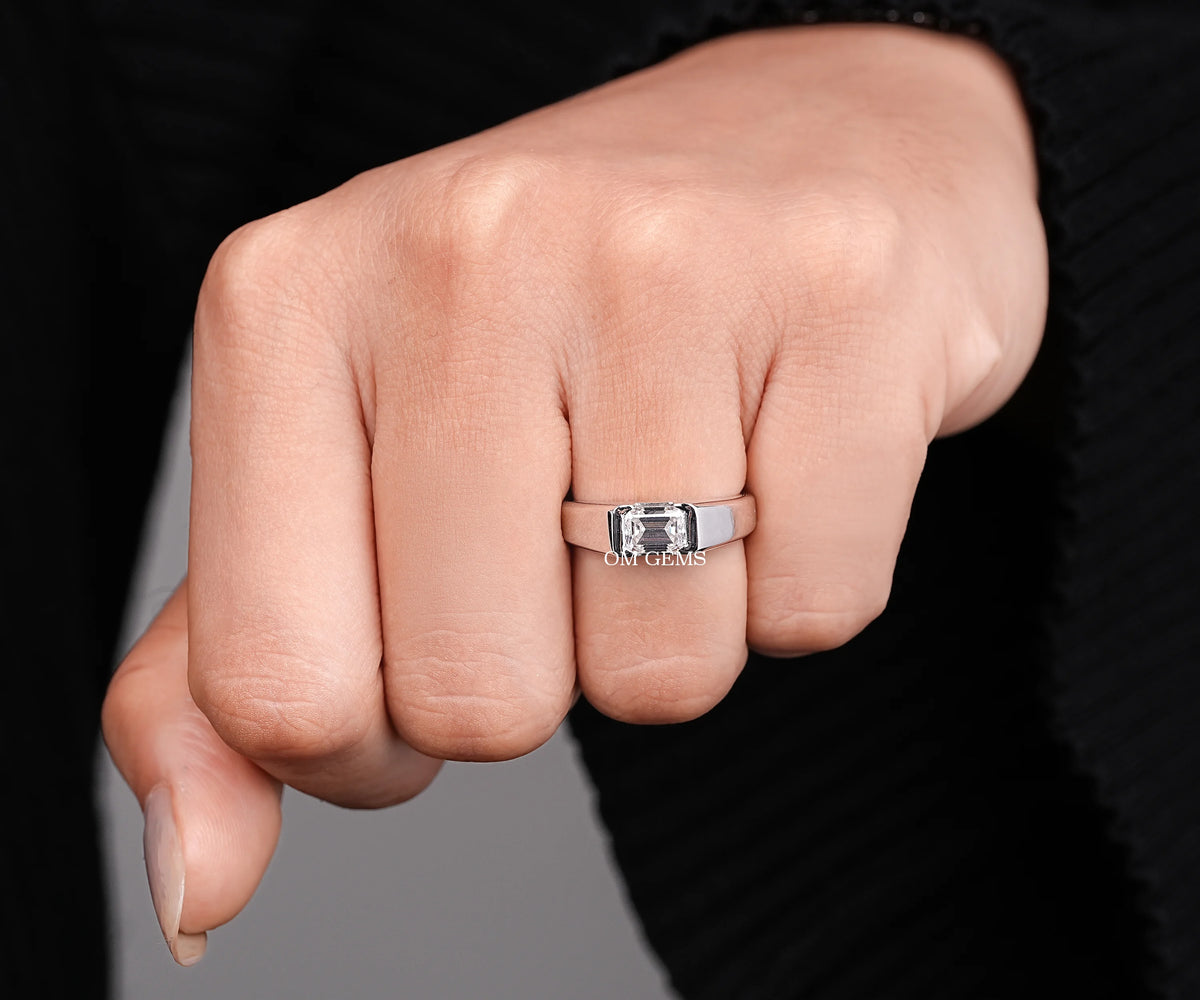 East-West Half Bezel Emerald Shape Lab Diamond Engagement Ring