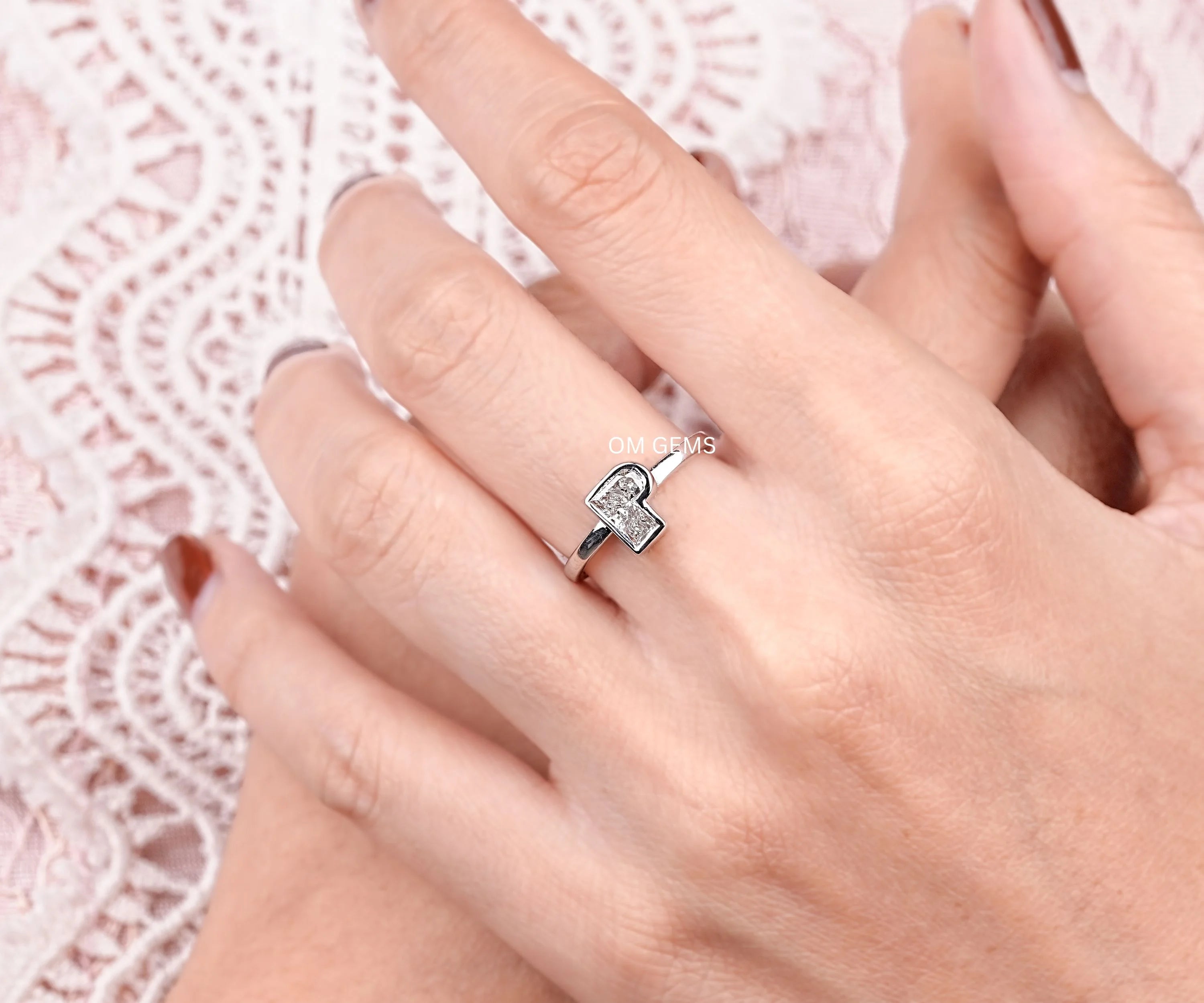 Initial Letter P Shaped Lab Diamond Bezel Set Ring