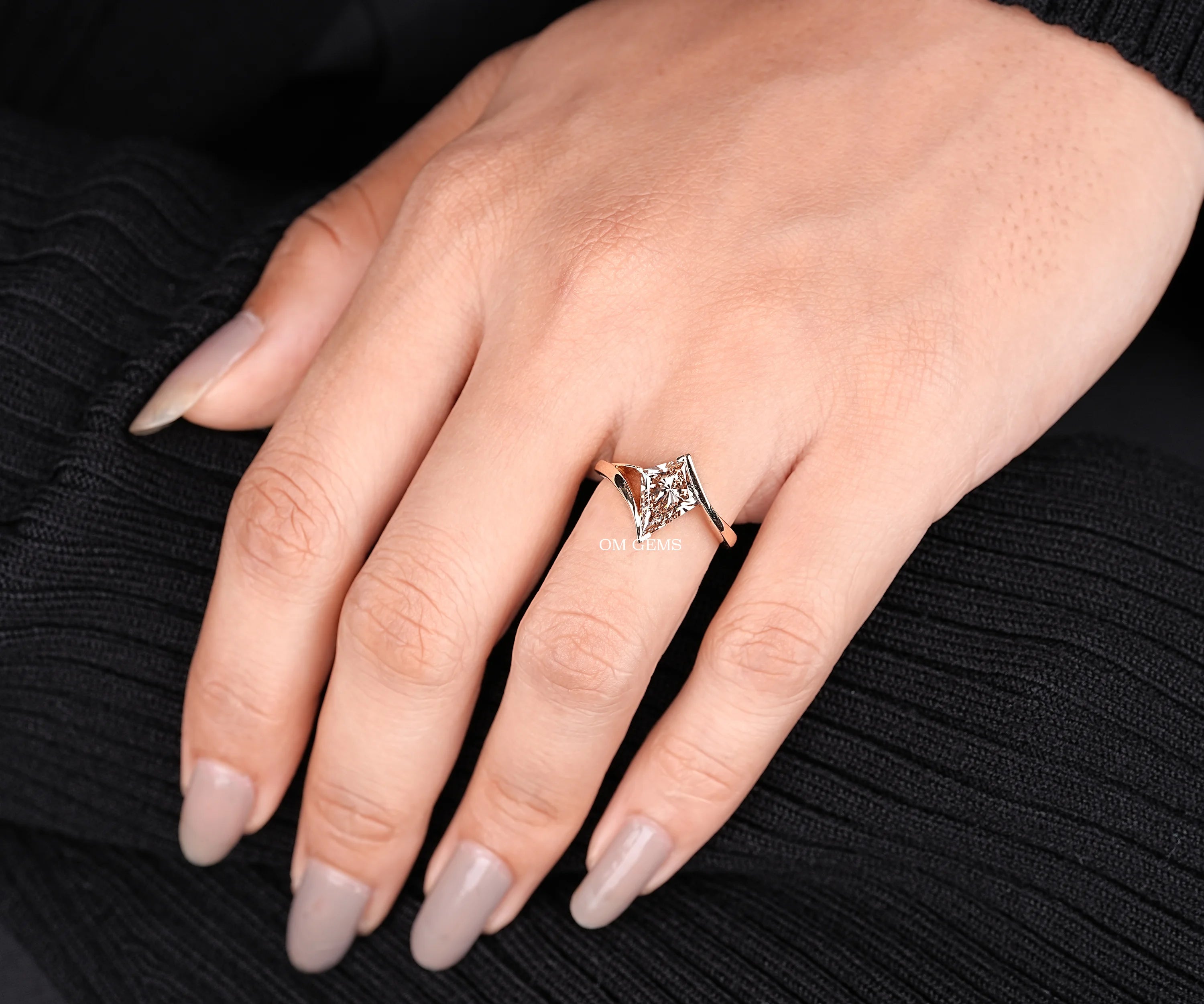 Champagne Kite Cut Lab Diamond Solitaire Bypass Ring