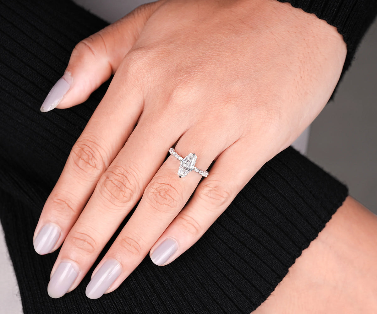 Solitaire Hidden Halo Antique Lozenge Shape Lab Diamond Engagement Ring