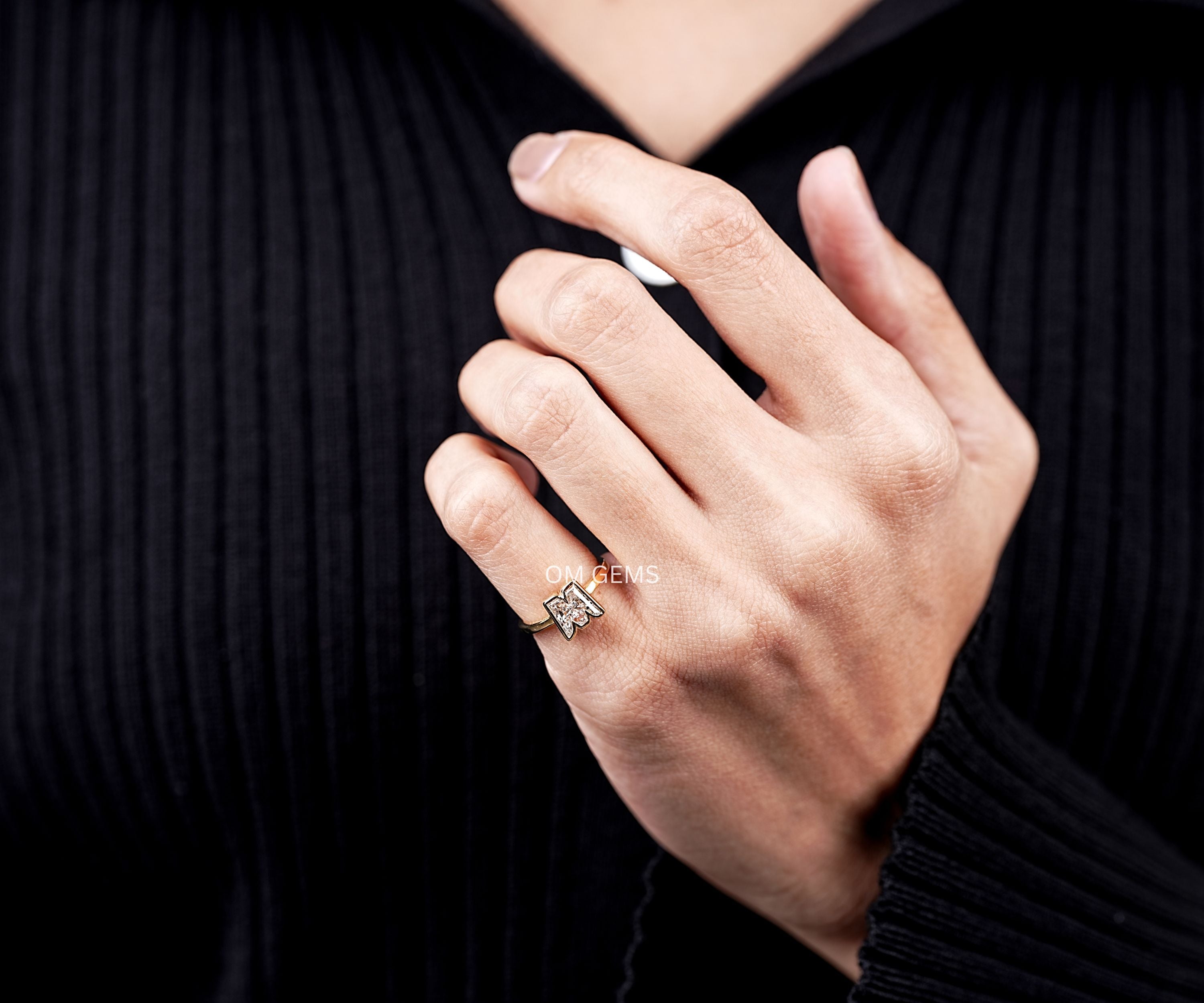 Bezel Set M Letter Lab Grown Diamond Initial Ring