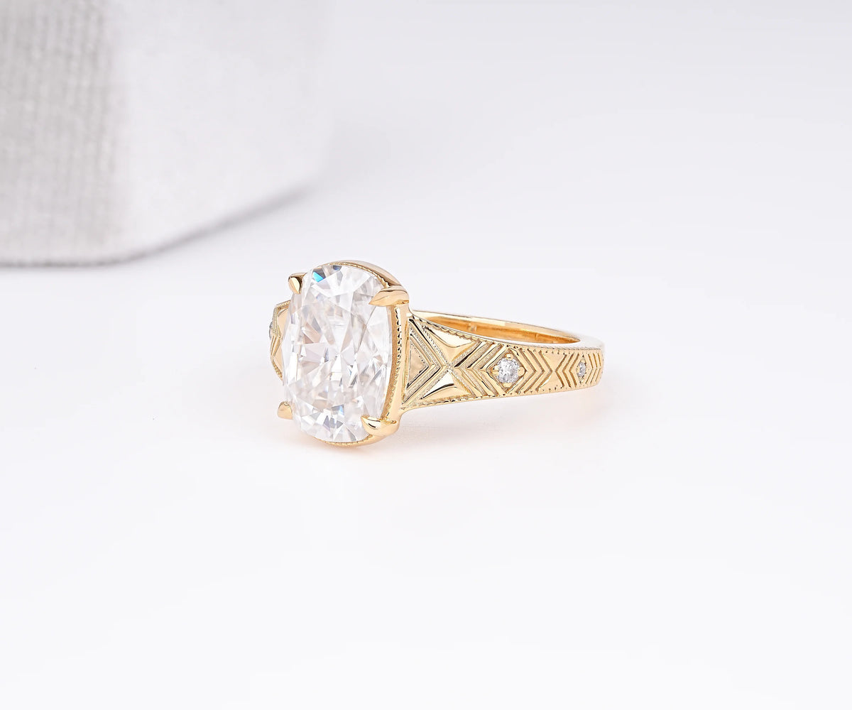 Art Deco Milgrain Elongated Cushion Shape Lab Diamond Engagement Ring