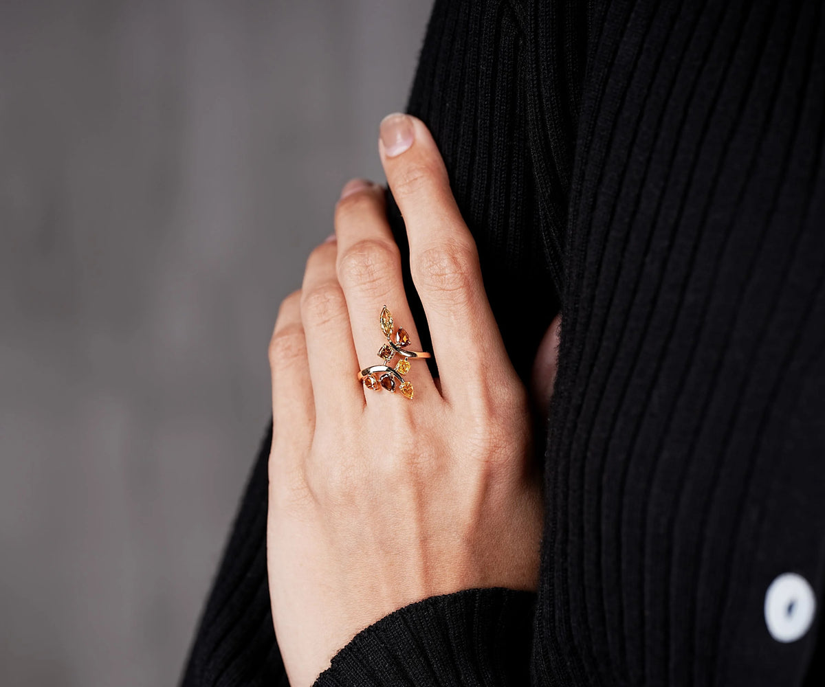 Floral Cluster Marquise Pear and Cushion Fancy Color Natural Diamond Anniversary Ring