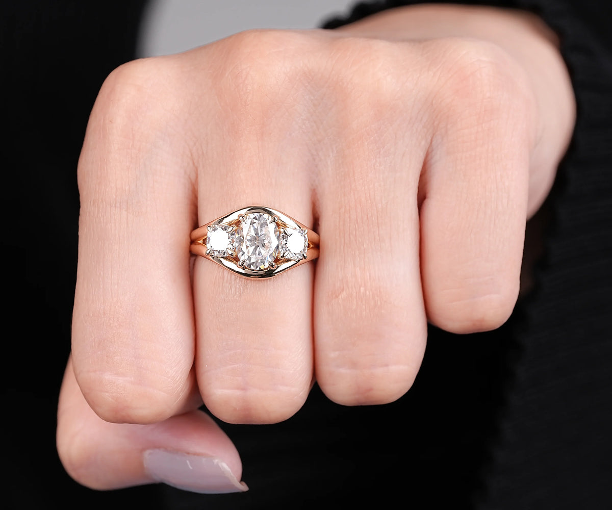 Three Stone Split Shank Oval Shape Lab Diamond Engagement Ring