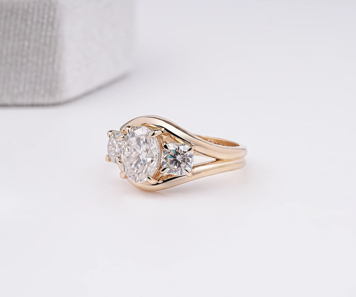Three Stone Split Shank Oval Shape Lab Diamond Engagement Ring