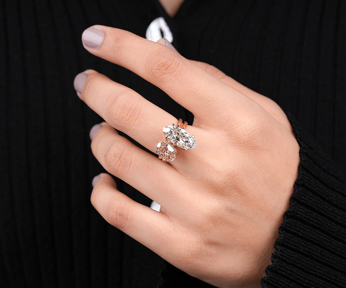 Toi Et Moi Hidden Halo Fancy Pink Oval and White Moval Lab Diamond Engagement Ring
