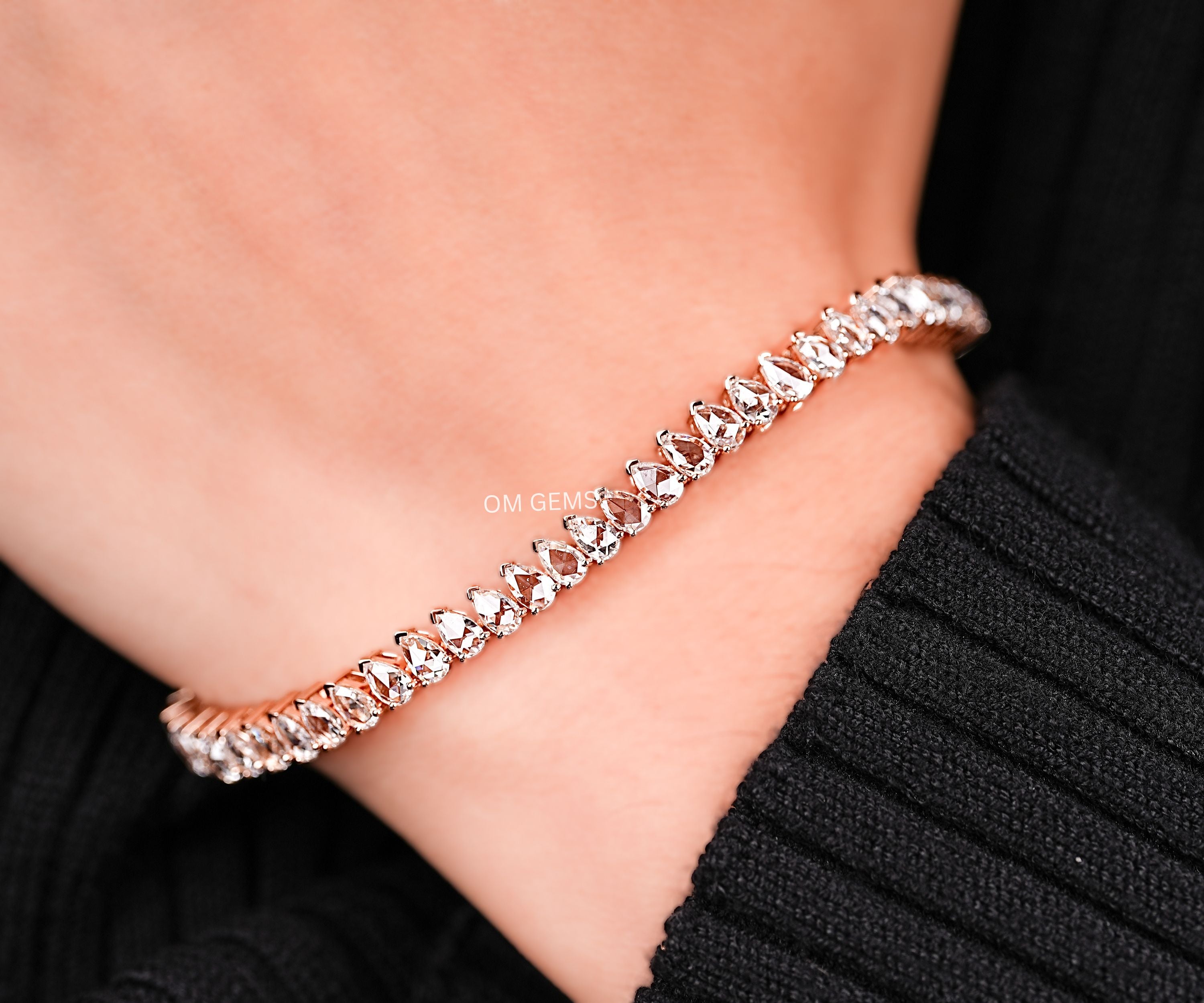 Rose Gold Pear Shaped Lab Grown Diamond Tennis Bracelet