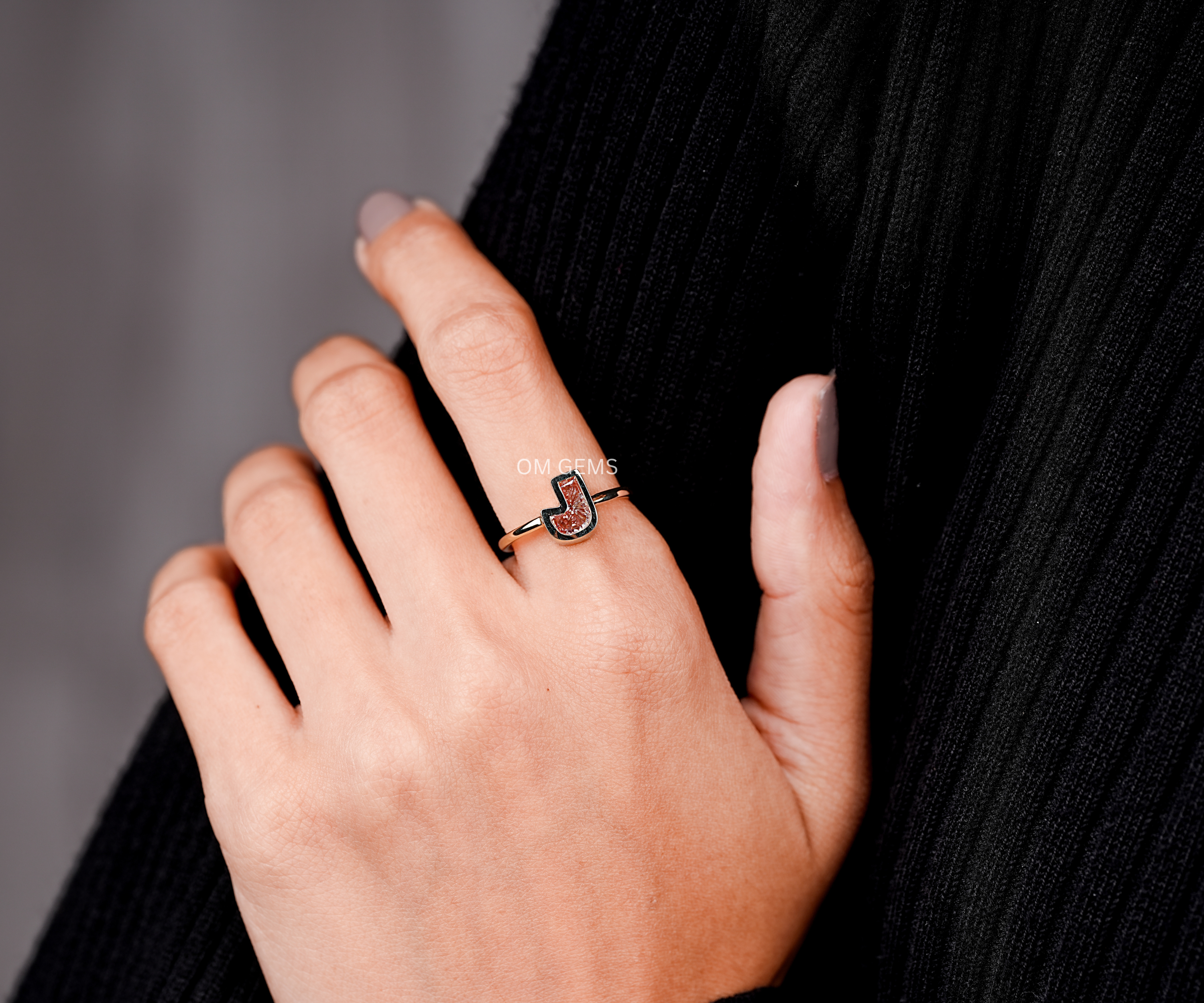 Lab Grown Pink J Alphabet Diamond Initial Ring