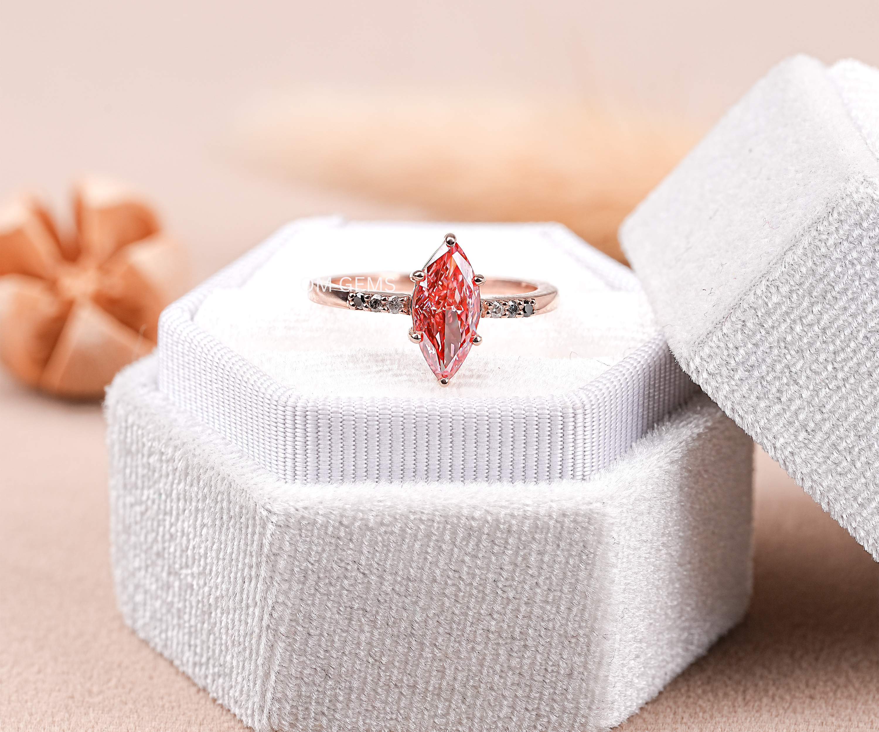 Pink Marquise Cut Lab Diamond Ring With round salt and Pepper Accent