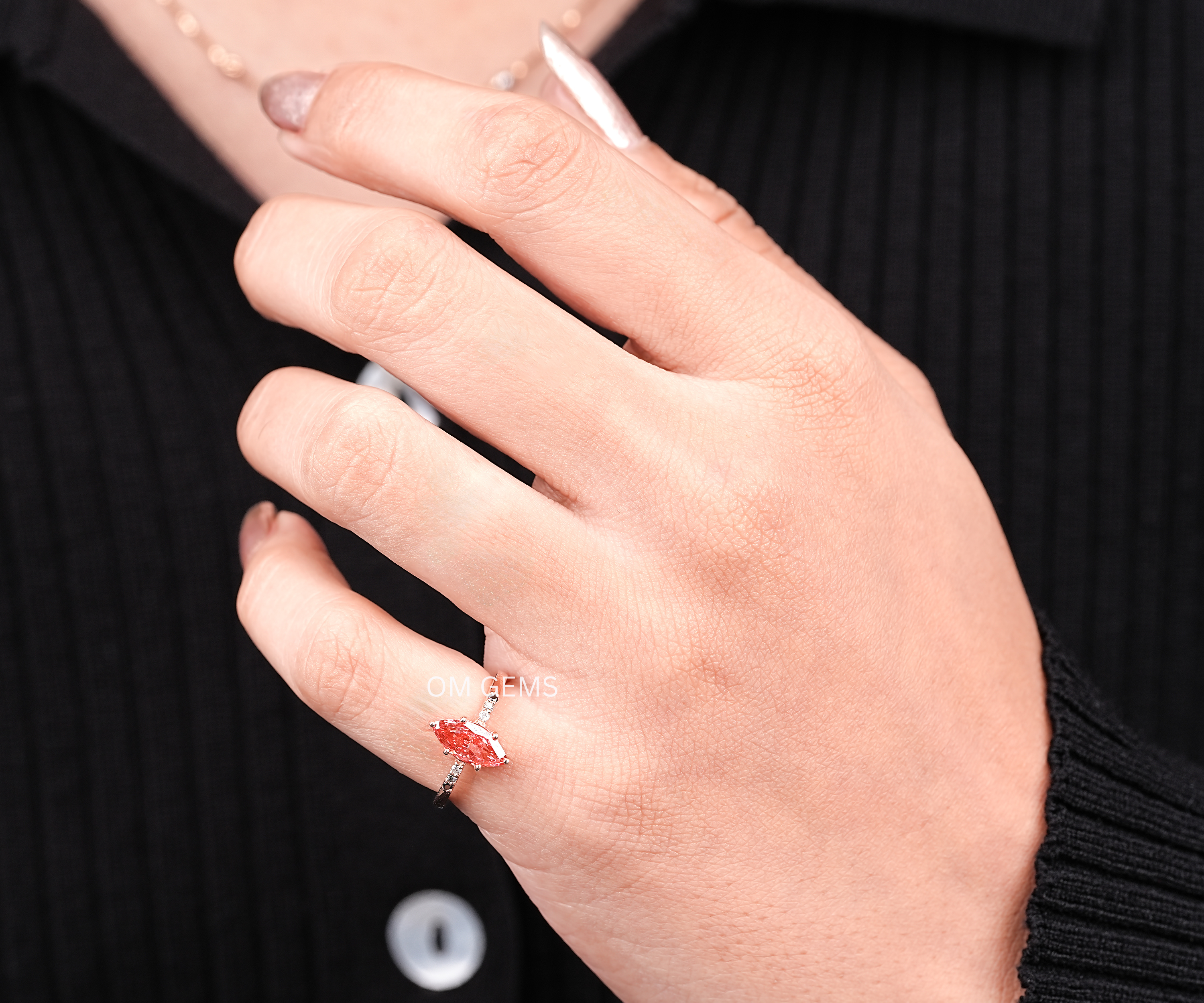 Pink Marquise Cut Lab Diamond Ring With round salt and Pepper Accent