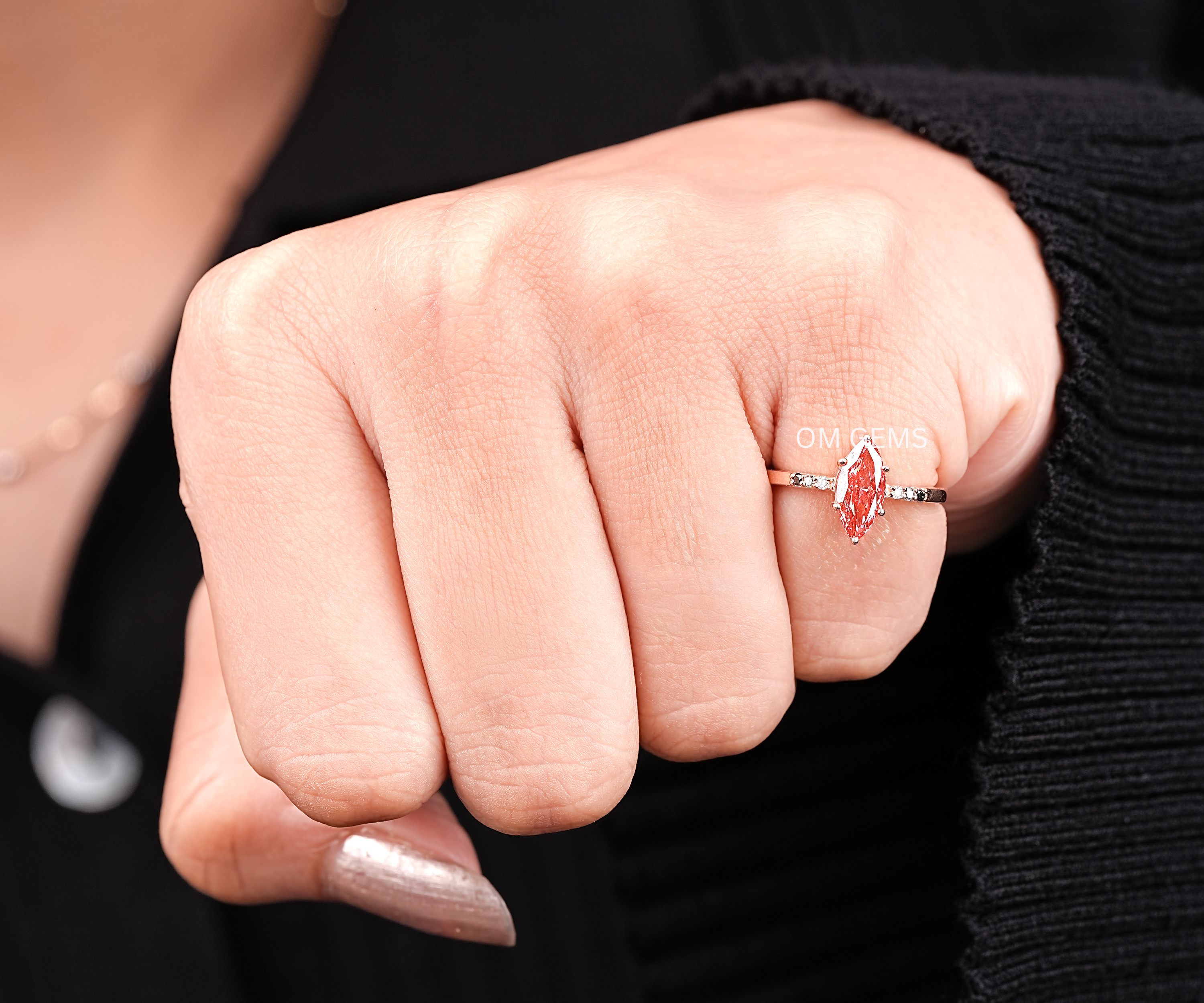 Pink Marquise Cut Lab Diamond Ring With round salt and Pepper Accent