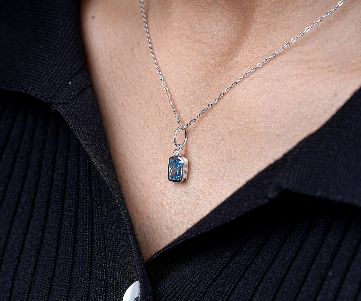 Bezel Set Fancy Blue Radiant Lab Grown Diamond Birthday Gift Pendant