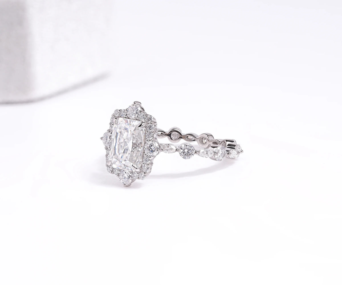 Halo Radiant Shape Side Alternate Set Accent Lab Diamond Engagement Ring