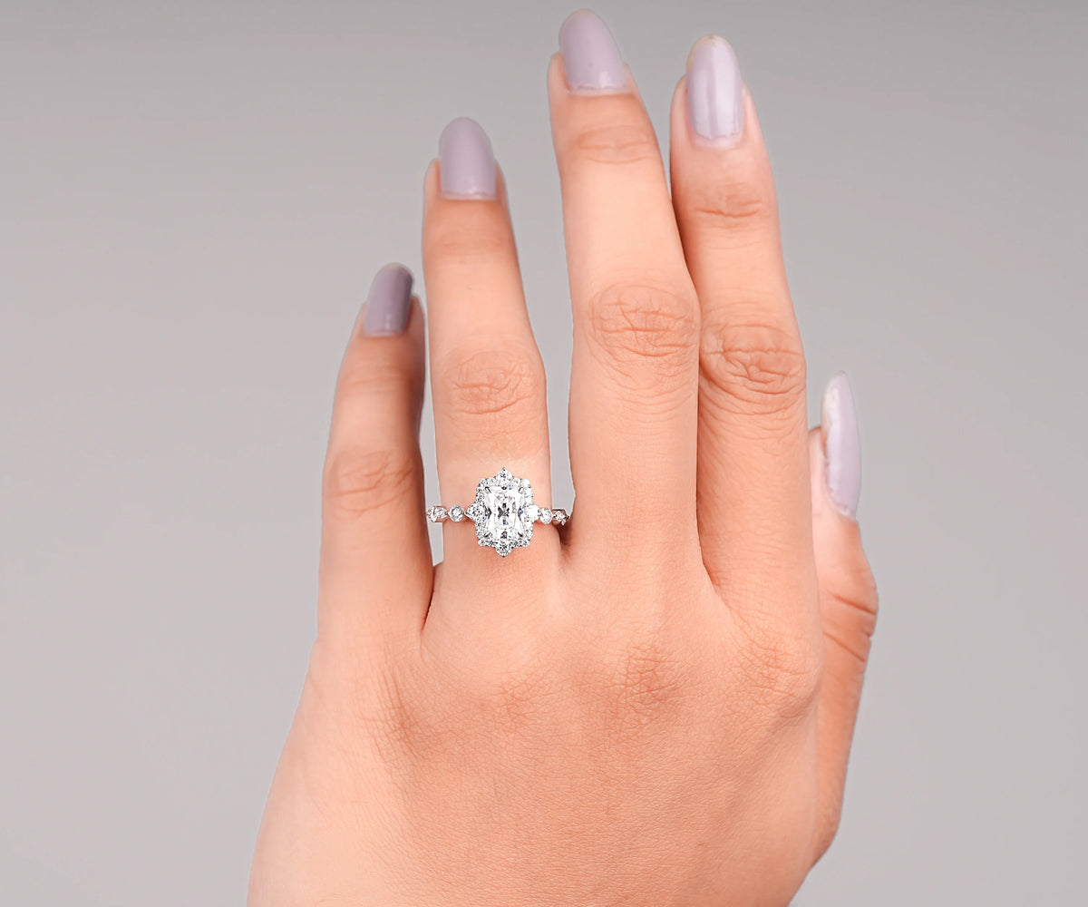 Halo Radiant Shape Side Alternate Set Accent Lab Diamond Engagement Ring