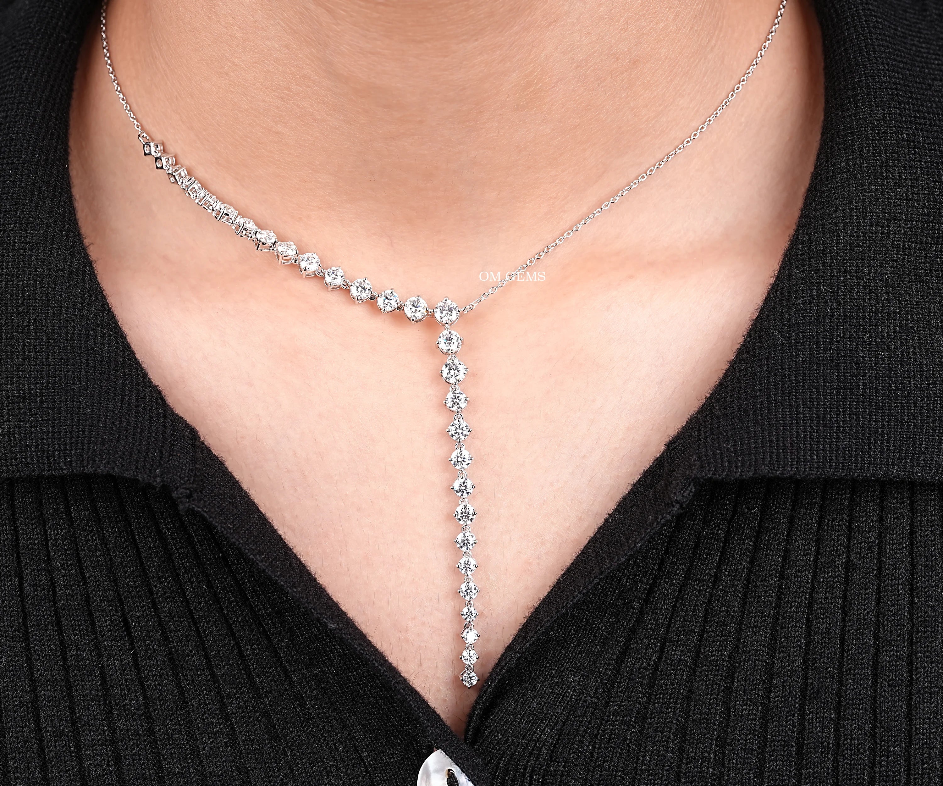 Round Diamond Y Collar Lariat Necklace