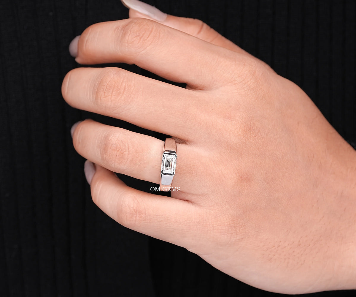 East-West Half Bezel Emerald Shape Lab Diamond Engagement Ring