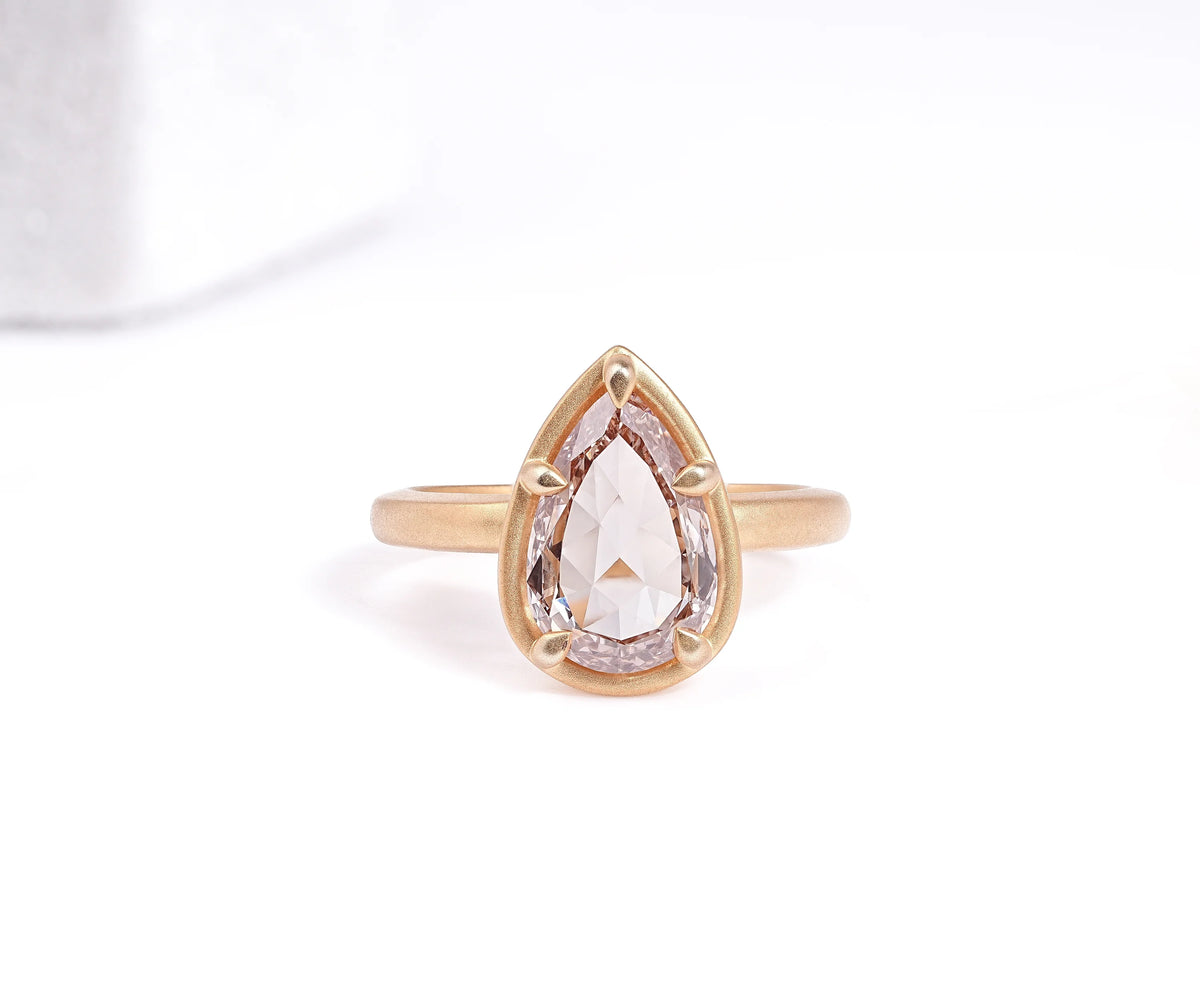 Solitaire Bezel Fancy Champagne Pear Rose Cut Lab Diamond Engagement Ring
