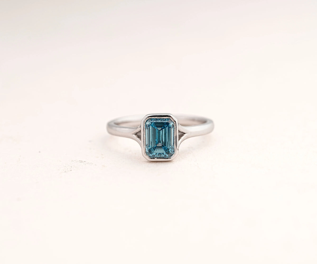 Solitaire Bezel Split Shank Fancy Blue Emerald Lab Diamond Engagement Ring