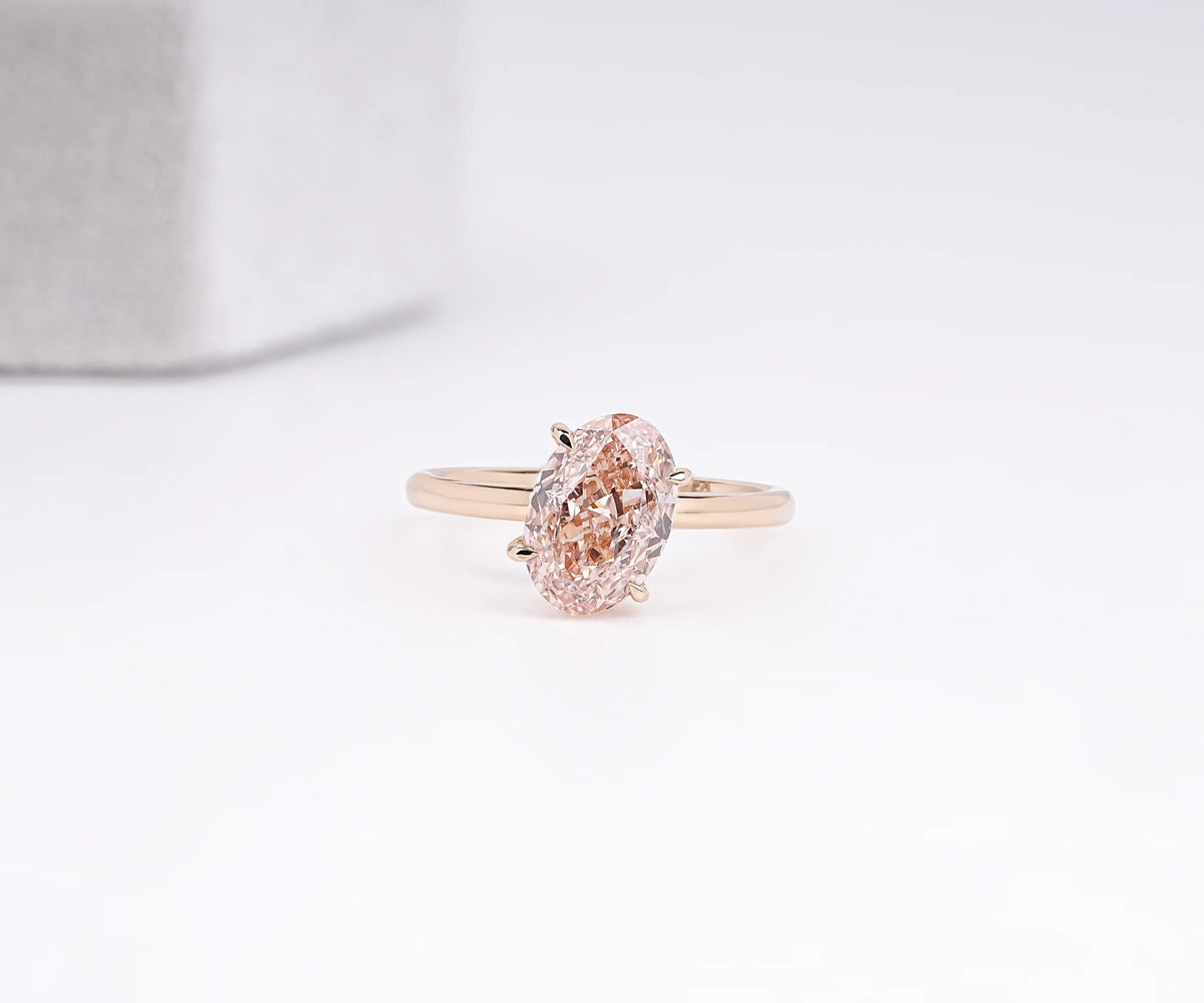 Solitaire Hidden Halo Tilted Fancy Pink Oval Shape Lab Diamond Engagement Ring