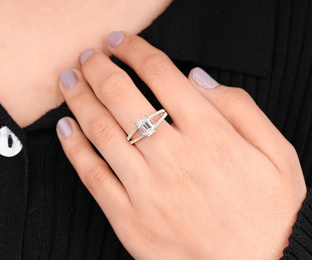Hidden Halo Split Shank Emerald Shape Lab Diamond Engagement Ring