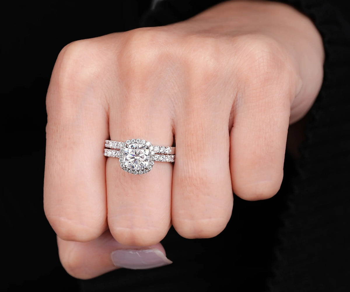 Halo Bridal Set Square Cushion Shape Lab Diamond Engagement Ring