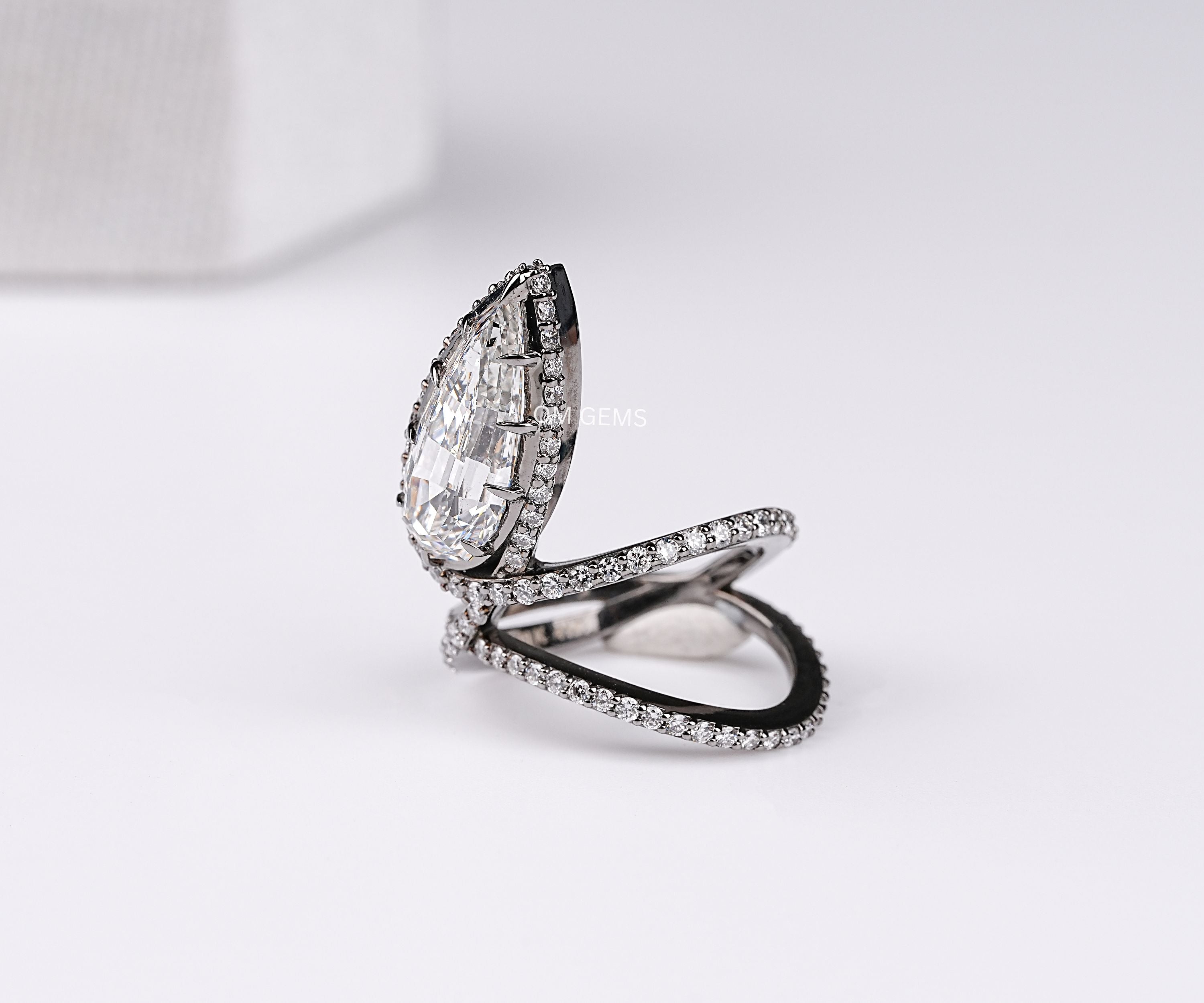 14K White Gold Lab Grown Step Cut Pear Diamond Open Wrap Serpent Ring