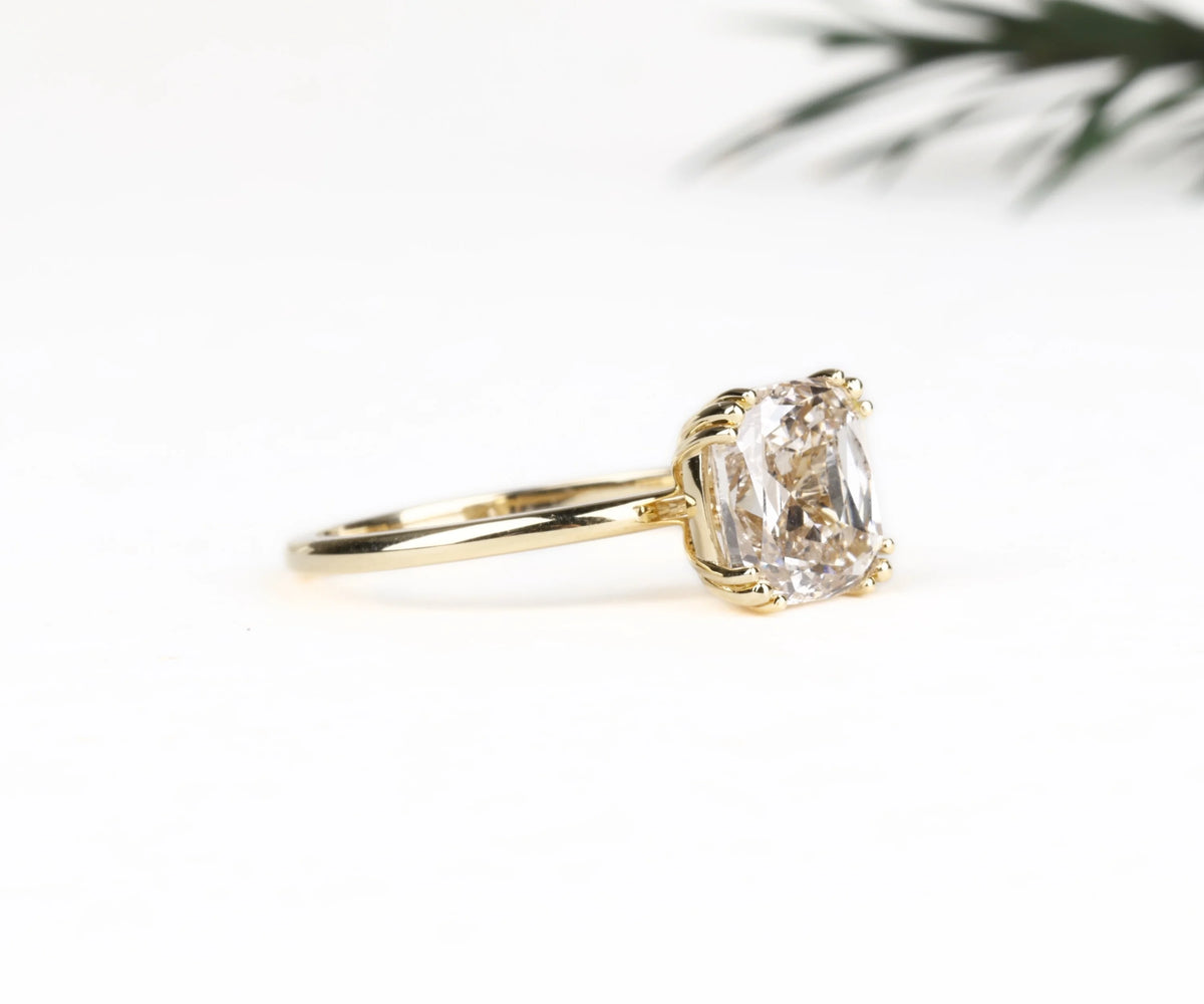 Solitaire Three Prong Fancy Champagne Cushion Shape Lab Diamond Engagement Ring