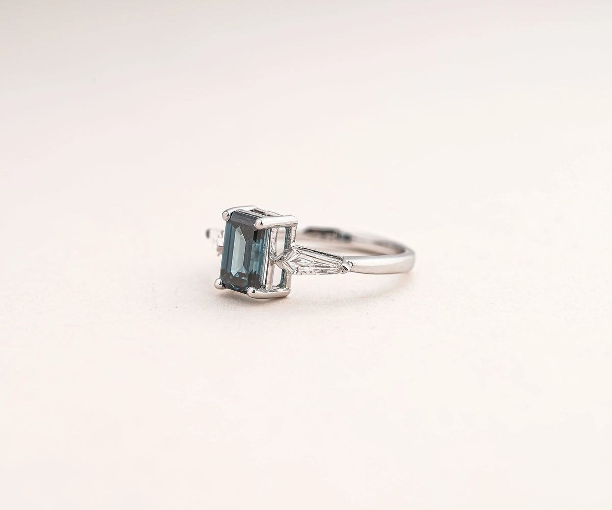 Three Stone Fancy Blue Emerald Shape Lab Diamond Engagement Ring
