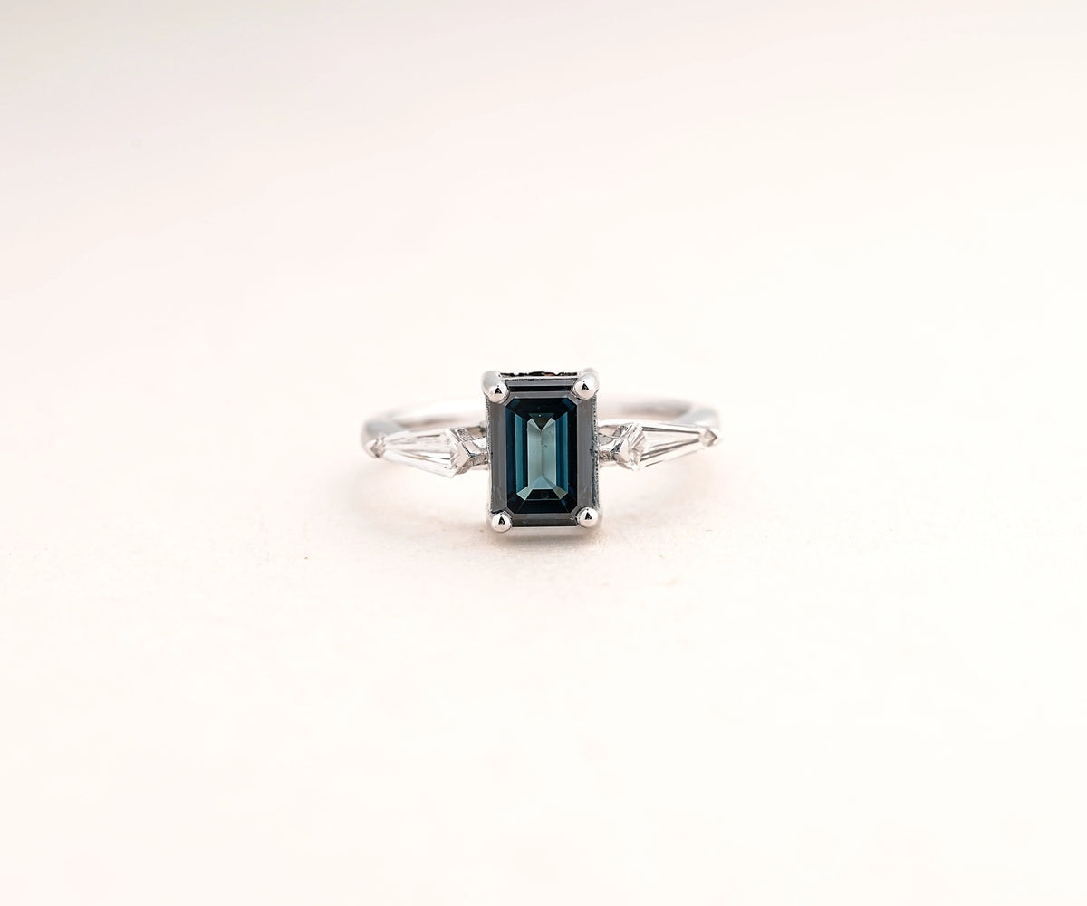 Three Stone Fancy Blue Emerald Shape Lab Diamond Engagement Ring