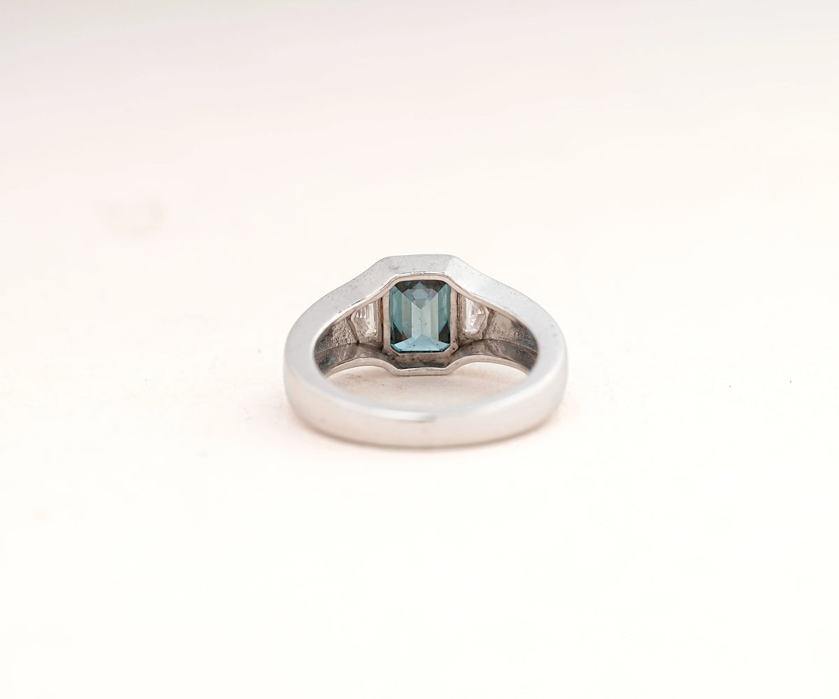 Three Stone Chunky Fancy Blue Emerald Shape Lab Diamond Anniversary Ring
