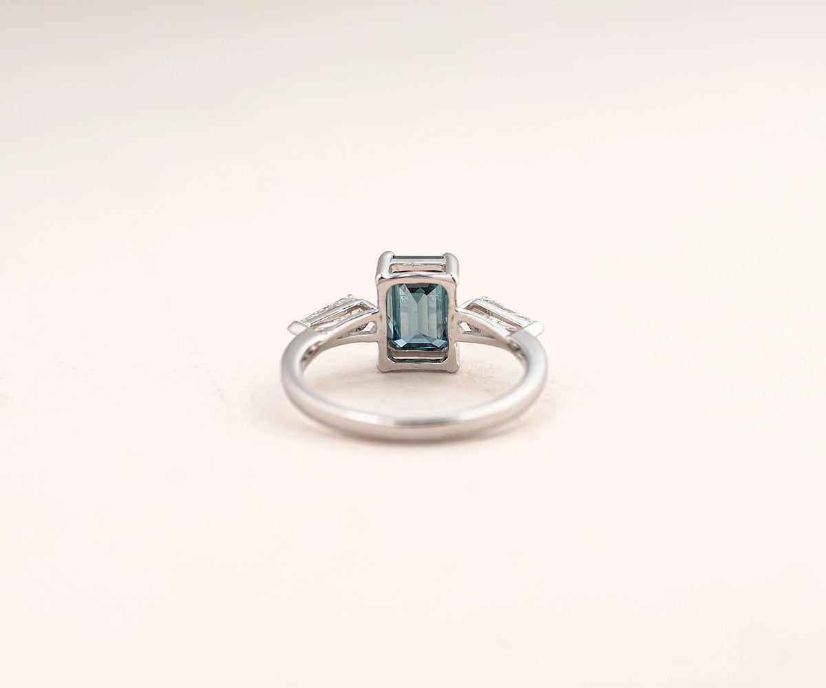 Three Stone Fancy Blue Emerald Shape Lab Diamond Engagement Ring