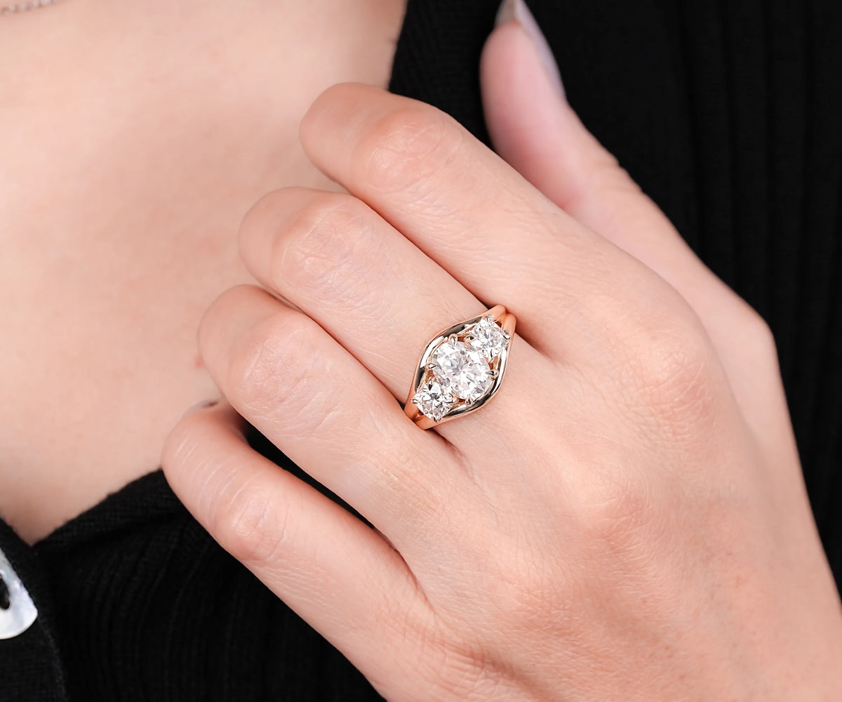 Three Stone Split Shank Oval Shape Lab Diamond Engagement Ring