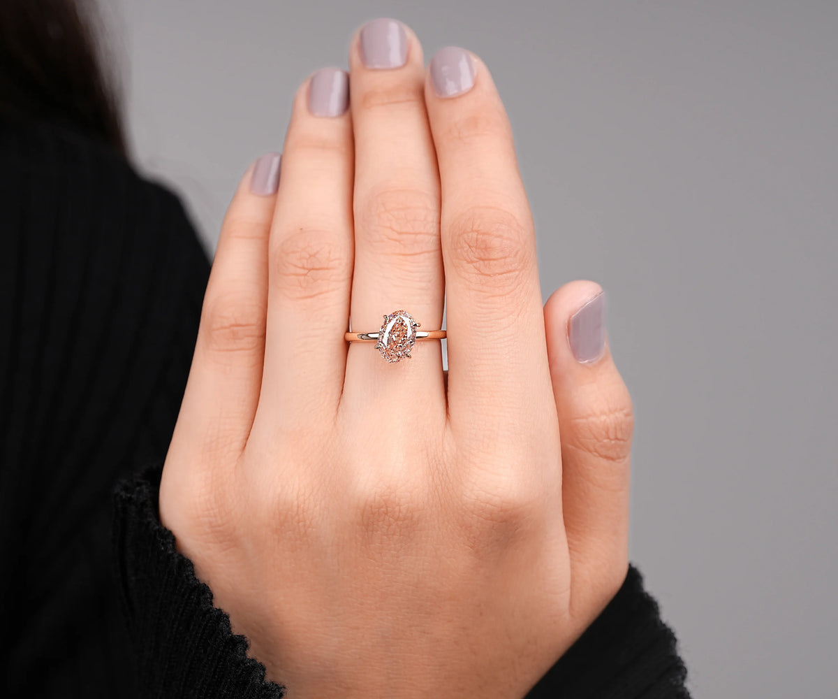 Solitaire Hidden Halo Tilted Fancy Pink Oval Shape Lab Diamond Engagement Ring
