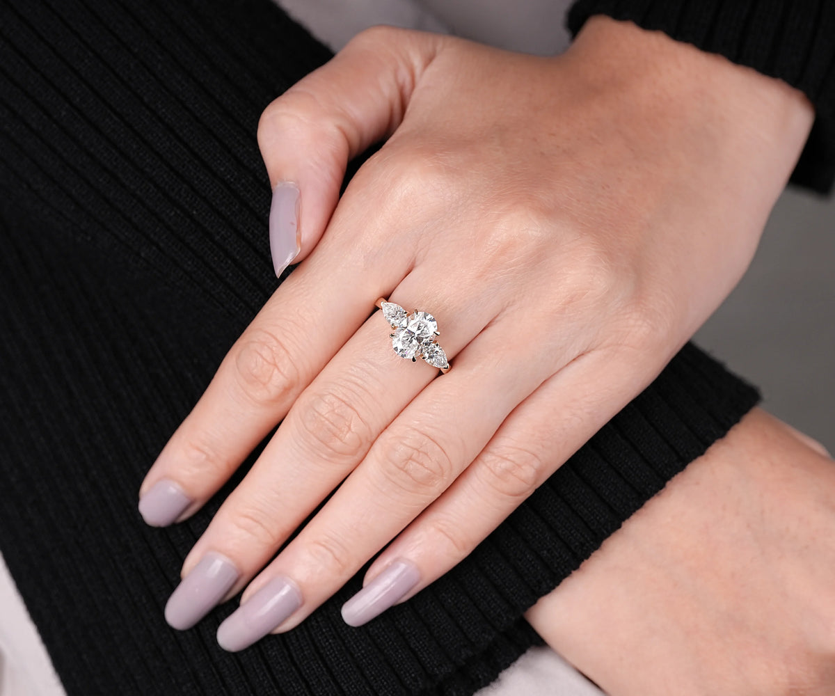 Oval & Pear Lab Grown Diamond Three Stone Engagement Ring
