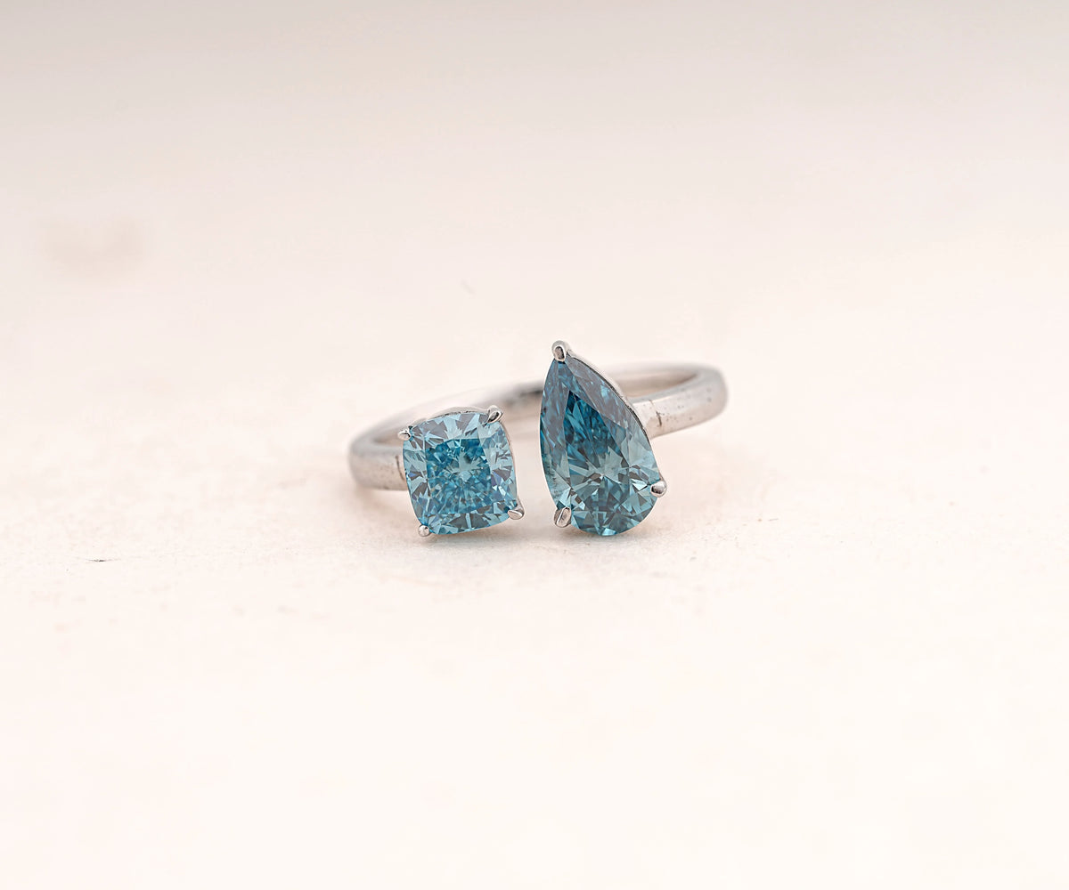 Toi Et Moi Fancy Blue Pear and Cushion Shape Lab Diamond Engagement Ring