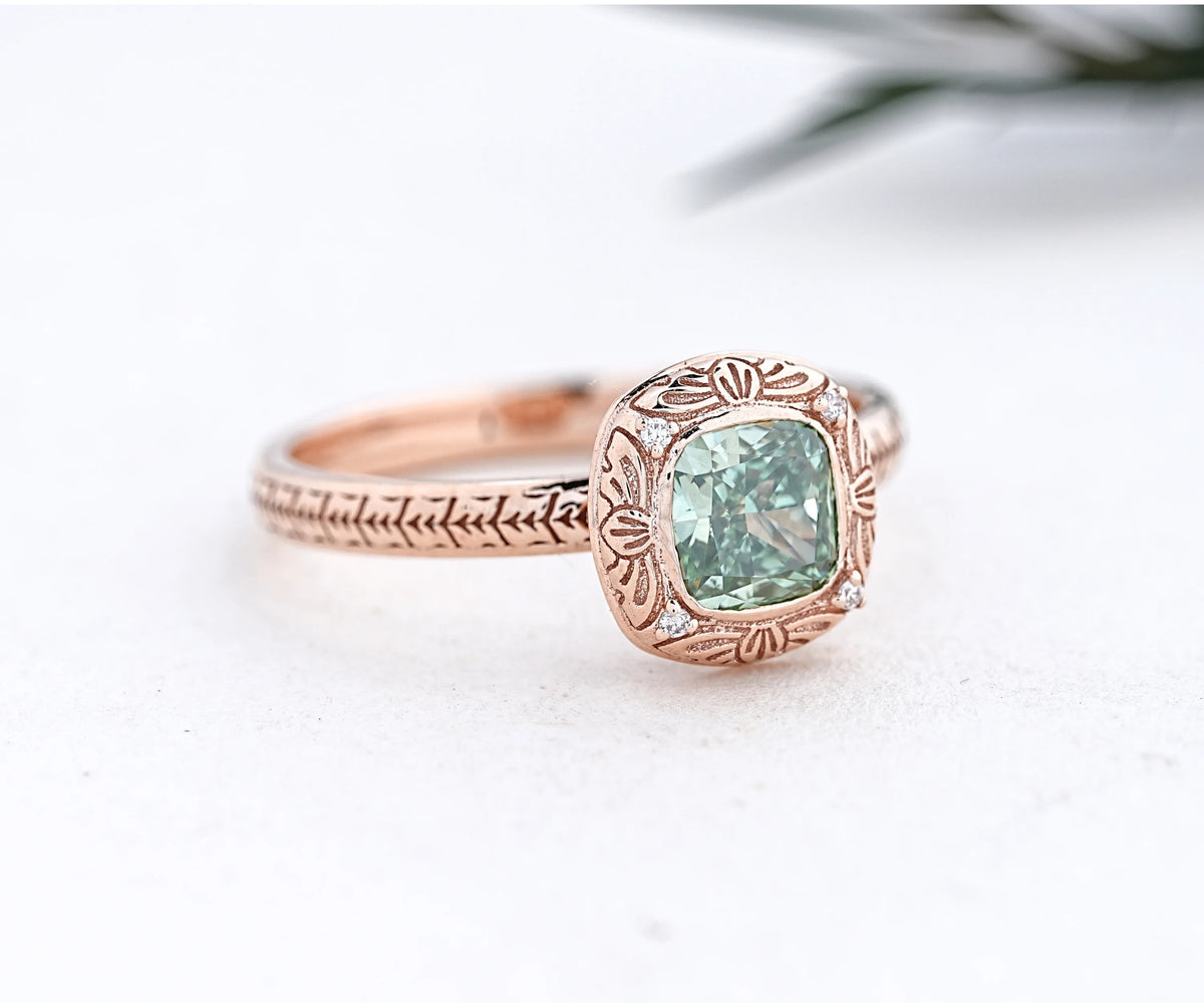 Vintage Floral Bezel Fancy Green Cushion Shape Lab Diamond Anniversary Ring