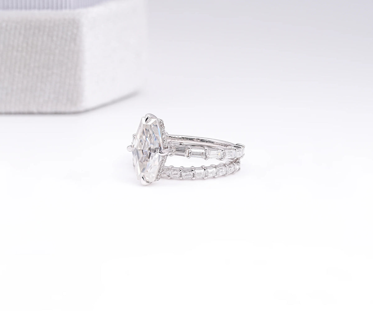 Bridal Set Hidden Halo Antique Lozenge Shape Lab Diamond Engagement Ring
